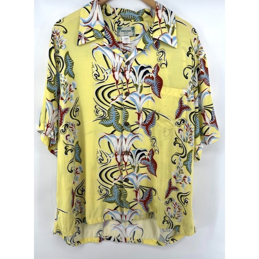 Vtg Kamehameha Hawaiian Shirt XL Rayon Yellow Floral Abstract Aloha Hawaii Made